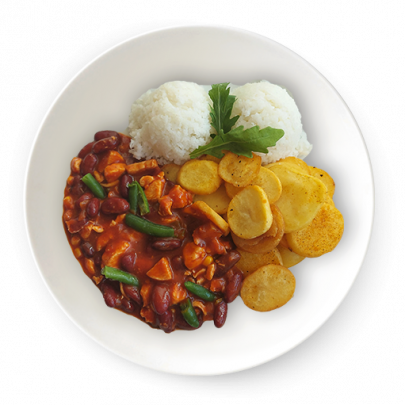 Chilli con carne kuracie,ryža,zemiakové plátky