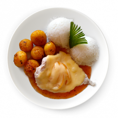 Bravčový plátok s broskyňou a syrom,ryža,opekané baby zemiaky