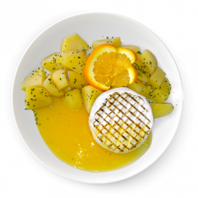 Grilovaný hermelín na pomarančovej omáčke,varené zemiaky s maslom